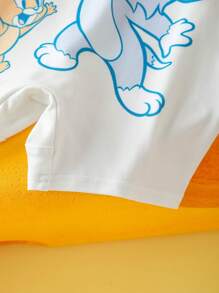TOM & JERRY X SHEIN Baby Boy Cartoon Pattern Blue Cute & Funny Short Sleeve T-Shirt And Cute Bib Overalls Set
