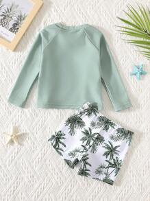 SHEIN 2 件套婴儿男童/女童休闲可爱椰子树印花撞色拼接长袖防晒泳衣套装，适合户外、旅行、游泳、冲浪、海滩、春夏季 - 綠色 - 查看 2