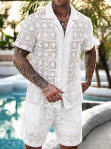 VENTUSAIL 男士镂空针织衬衫和短裤套装，夏季时尚男士夏季两件套男士度假男士衬衫套装男士夏装套装，舒适服装 - 白色 - 查看 4