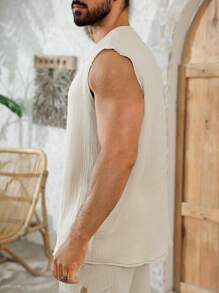 Manfinity RSRT 男士纯色圆领纽扣休闲度假背心，夏季 - 卡其色 - 查看 5