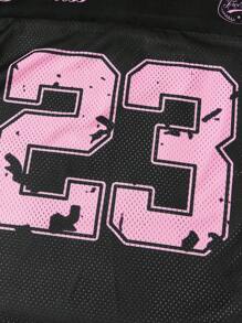 SHEIN Tween Girls' Casual Streetwear V-Neck Knit Splicing Mesh Oversize Loose Bat Sleeve Short Sleeve T-Shirt With Text & Number & Bow Print, Black