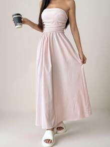 MainGRL Women Summer Striped Print Bandeau Sleeveless Dress Gown - Baby Pink - View 5