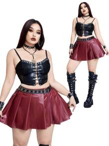 Flirla Casual Punk Plus Size Women's Side Zipper PU Leather Plain Simple Waist Band A-Line Mini Skirt - Red - View 1