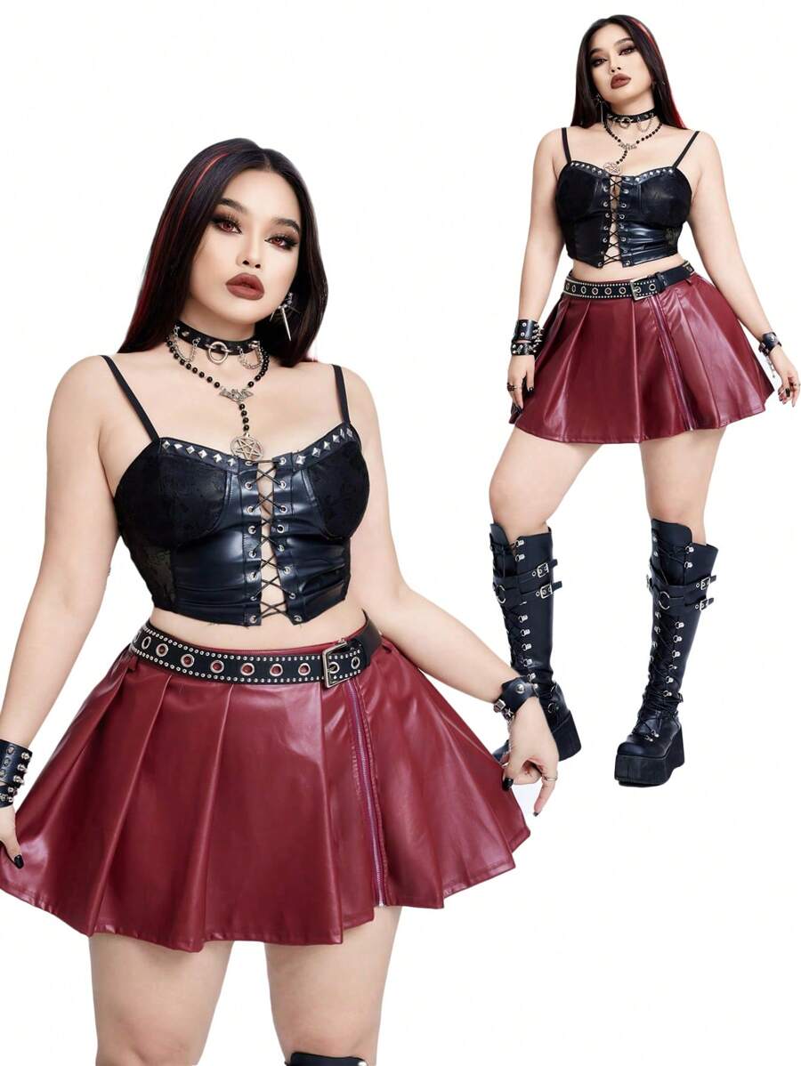 Flirla Casual Punk Plus Size Women's Side Zipper PU Leather Plain Simple Waist Band A-Line Mini Skirt - Red - View 1