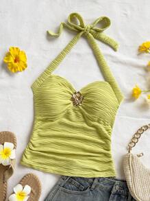 Soleia 度假吊带 V 领金属扣花卉纹理修身女士吊带背心，适合音乐节、波西米亚风假期、休闲约会 - 青檸色 - 查看 6