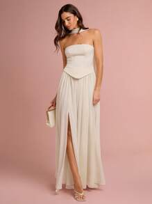 Enchnt Váy maxi công chúa ống chéo lưng xếp ly viền kem màu trắng lãng mạn mùa xuân/hè dành cho nữ kèm ruy băng, ngọt ngào và thanh lịch cho kỳ nghỉ, ngày lễ, ngày lễ, tiệc tùng, lễ tốt nghiệp và khách dự tiệc cưới, bãi biển và tiệc tối, váy dạ hội, váy mùa hè cho nữ, váy chống nắng cho nữ, quần áo mùa hè, váy thanh lịch cho tiệc tùng - Màu be - Xem 5