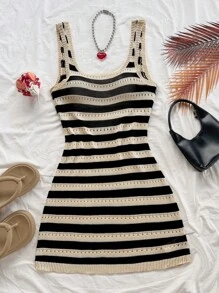 Soleia 春夏休闲杏色和黑色拼色条纹镂空露肩针织连衣裙，适合派对、约会、海滩、游轮、度假、音乐节、波西米亚风假期、下午茶