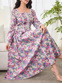 Al Najma 女士惊艳印花方领系腰阿拉伯连衣裙，端庄大方 - 彩色 - 查看 5