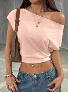 StreetHx Women's Sexy Asymmetrical Neckline Short Sleeve Fitted T-Shirt - Pink - View 3