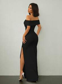 SHEIN Tall Off Shoulder Women's Long Dress With High Slit, Light Dress, Elegant, Wedding Season, Sexy Style - Black - View 2