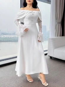 Feyla 女式露肩拼接蕾丝喇叭袖连衣裙，优雅夏日 - 白色 - 查看 6