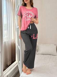 Conjunto de pijama informal con estampado de letras y contraste de color en manga corta y pantalón largo - Multicolor - Ver 6