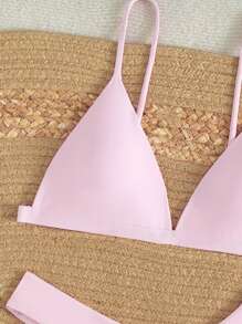 Swim Mod 2件套纯色细肩带比基尼泳装（带可拆卸三角形泳裤） - 淺粉色 - 查看 3