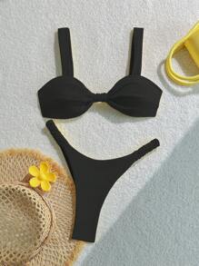 Swim Mod 女款夏季度假海灘套裝 2 件組 素色掛脖繫帶比基尼泳衣與海灘裝 - 黑色 - 查看 6