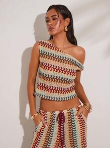 SHEIN BAE 1 pieza de top asimétrico de hombro simple a rayas de ganchillo, adecuado para vacaciones en la isla, luna de miel, fiesta en la piscina, vacaciones de mujer, primavera, verano, elegante, sexy, resort de playa
