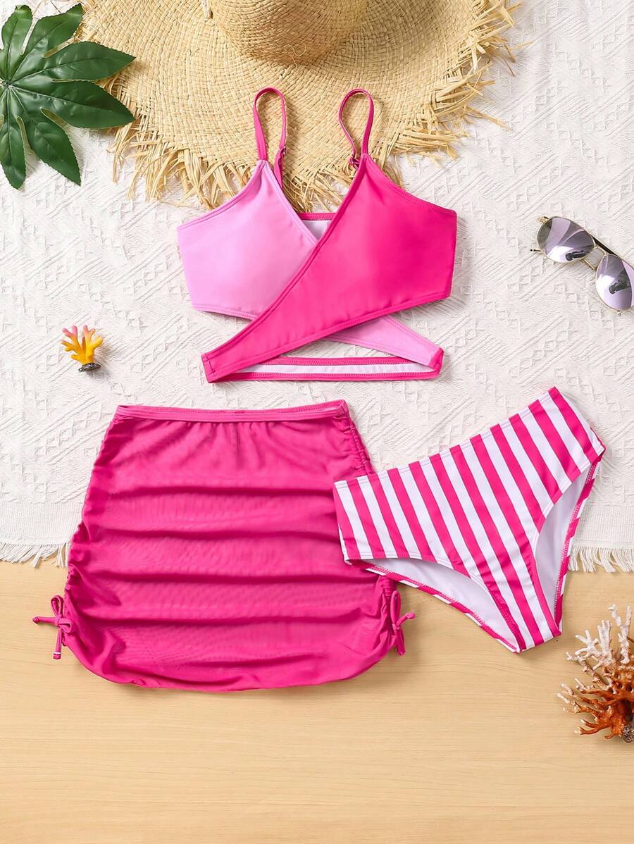 3 件套女童泳衣套装，玫瑰红条纹，蝴蝶结装饰，休闲风，适合海滩度假和玩耍