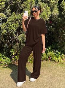 SHEIN EZwear Summer Knit Textured Loose T-Shirt And Wide Leg Pants Set - Brown - View 6