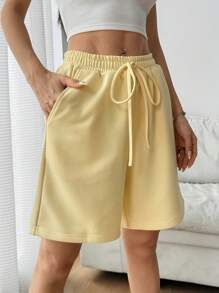 SHEIN EZwear 女士休闲夏季纯色抽绳腰斜口袋七分裤