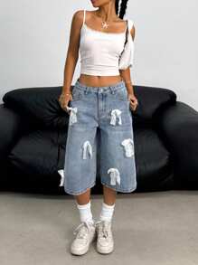 Teen Girls Y2K Fashion Streetwear Light Blue Washed Denim Loose Lace Bowknot Decor Baggy Low Waist Bermuda Shorts Denim Baggy Long Short,Girls Summer Beach Boho Vacation Shorts, Summer Concert Festival Casual Rave Outfits, Girls Summer Brunch Church Graduation Outfits,Streetwear Back To School Outfits