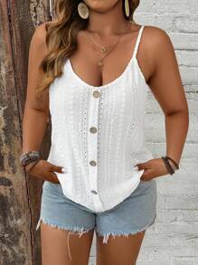 Breezaya Plus Size Hollow Embroidery Front Button Sleeveless Camisole Top, Summer Casual - White - View 5