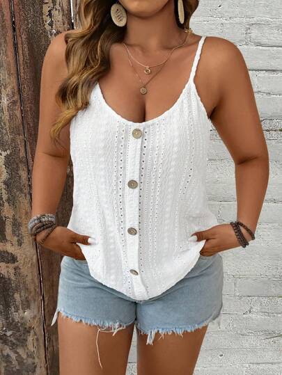 Breezaya Plus Size Hollow Embroidery Front Button Sleeveless Camisole Top, Summer Casual