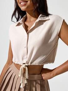 Hanevo Damen Aprikot Kragen Nieten Schnürsenkel Taille Raffung Sport Shirt