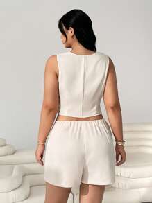 Comfortcana 2pcs/Set Plus Size Apricot Casual Solid Color Sleeveless Top & Shorts - Apricot - View 2