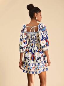 Travachic 女士夏季度假花卉印花方领泡泡袖连衣裙、夏季、女士夏季服装、沙滩装、复活节、女士沙滩装、女士度假服装、女士音乐会服装、波西米亚风、音乐节、热带度假女装、浪漫、女士夏季连衣裙 - 彩色 - 查看 2