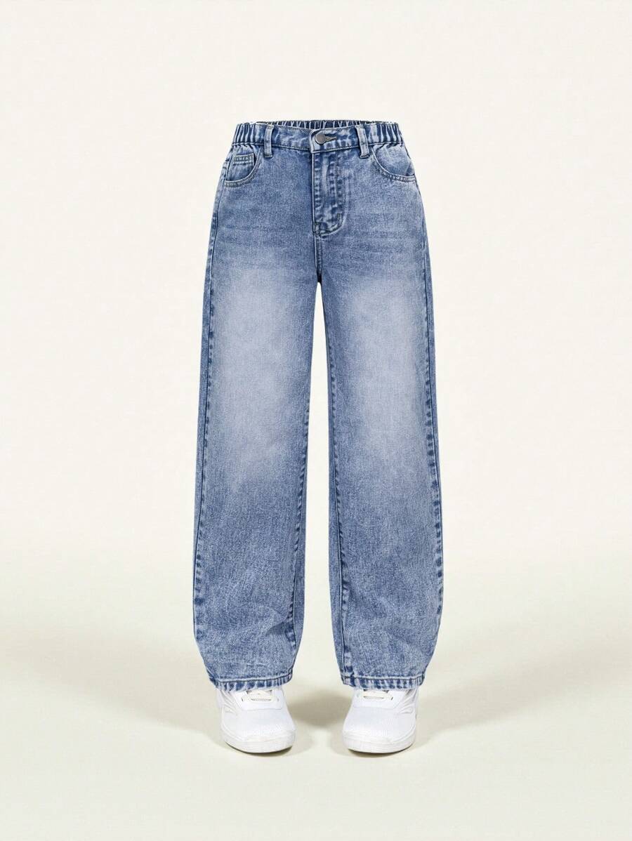 SHEIN Tween Girl 浅水洗蓝色简约百搭喇叭牛仔裤 - 中等水洗藍 - 查看 1