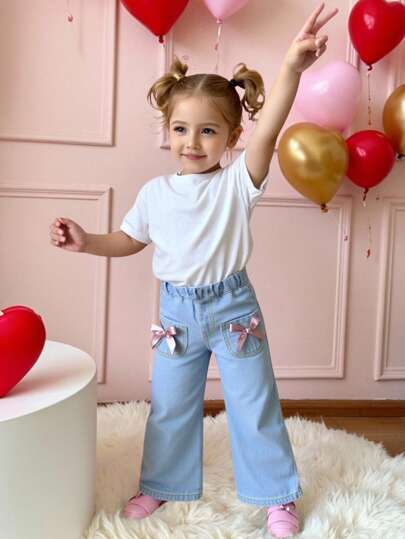 少女系蝴蝶结装饰宽松阔腿牛仔裤