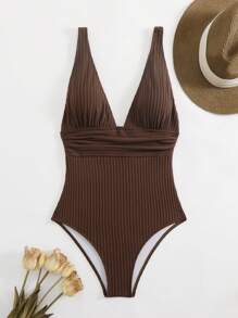 Swim Vcay Solid Color Deep V-Neck Ribbed Seamless One-Piece Swimsuit For Summer Beach Vacation - Coffee Brown - View 3