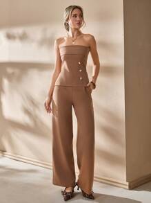 CLARA VERO Women's Solid Gold Button Detailed Suit Set - Mocha Brown - View 4