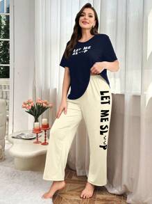 休闲字母睫毛印花大码睡衣套装 - 藏蓝色 - 查看 4