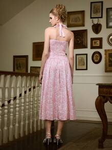 SHEIN MOD Vestido largo con cuello en V con lazo y estampado floral rosa para mujer - Rosa - Ver 2