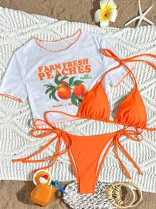 Swim Vcay 3pcs/Set Women's Letter & Fruit Print Halter Bikini Top, Side-Tie Bottoms And Short Sleeve Netted Cropped Cover Up Swimsuit Set For Summer Beach Vacation - Multicolor - View 4