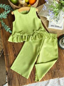 Vintaside Kids 2件套女婴休闲可爱蝴蝶结无袖上衣和裤子套装 - 綠色 - 查看 3
