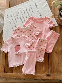 SHEIN LMoss Kids Conjunto de pijama de 6 piezas con camiseta de manga corta cuello redondo y pantalones cortos con volantes y estampado de fresas, suave tejido de punto para niña bebé en verano - Rosa - Ver 5