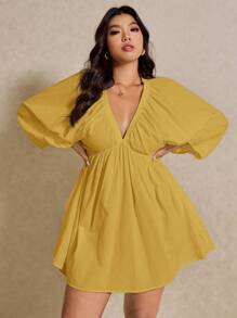 Elaquor 大码女式深V领灯笼袖纯色连衣裙