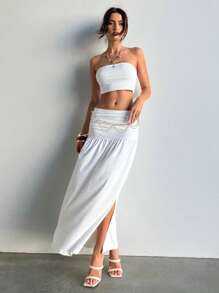 Aloruh 2pcs/Set Women Solid Cropped Bandeau Top & Mini Skirt Sets, Vacation