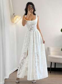 Firerie Romantic Date/Wedding/Holiday Sleeveless Square Neck Cinched Waist Flared Hem Lace Texture High Slit Dress, White & Beige, For Beach/Vacation Outfits, Airport Fashion - Apricot - View 2