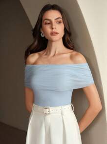 Anewsta Elegant Off-Shoulder Mesh Splice Fitted Waist Blouse Top For Women