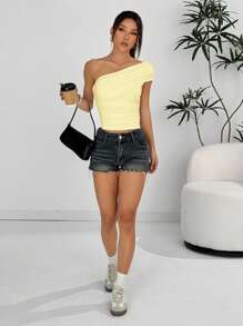 SHEIN EZwear 女士奶油黄色休闲不对称领口衬衫夏季上衣 - 黃色 - 查看 4