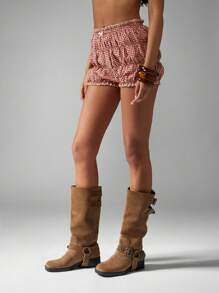 MISSGUIDED Ruffle Layered Gingham Bloomer Short Summer Beach Holiday Tiered Cotton Blend High Waist Ruffle Trim Casual Boho Festival Puff Style Short - Red and White - View 7