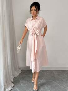 Elenzga Abito dalle linee semplici e minimal, elegante e comodo per lavoro e tempo libero, in colore unito, con cintura in vita a fiocco, chiusura lampo a metà e scollo avvolgente, adatto a occasioni casual e vacanze