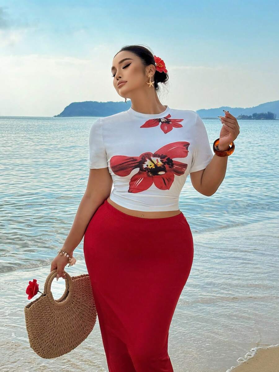 Sunnyshic 2pcs Plus Size Fashionable Floral Set, New Collection - Multicolor - View 1