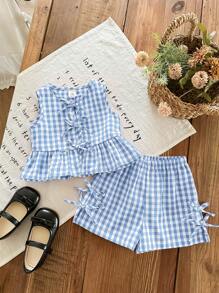 SHEIN 可爱夏季休闲蓝色格子蝴蝶结无袖上衣和松紧腰短裤套装，“女婴”