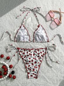Swim Mod 2pcs/Set Halter Backless Strawberry & Cherry Print Bowknot Ruffle Hem Cute Ladies Bikini Set For Summer Beach Vacation