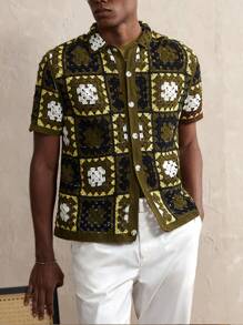 Manfinity Homme 男士几何图案短袖单排扣休闲针织上衣 - 棕色 - 查看 1