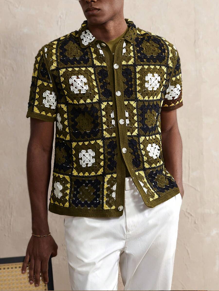 Manfinity Homme 男士几何图案短袖单排扣休闲针织上衣 - 棕色 - 查看 1