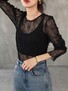FRIFUL Women's Fitted Lace Blouse, Round Neck Long Sleeve Sheer Textural Fabric, Casual Versatile For Holidays, Beach - Black - View 6